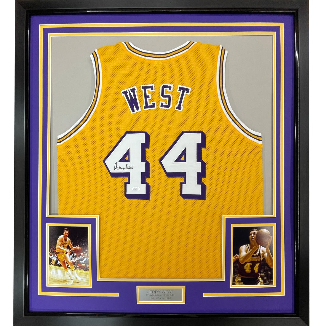 Framed Jerry West signed Lakers yellow jersey with JSA COA: Framed Jerry West signed Lakers yellow jersey with JSA COA This professionally framed and matted Los Angeles Lakers yellow jersey is autographed by NBA legend Jerry West. The display includes two 8x10