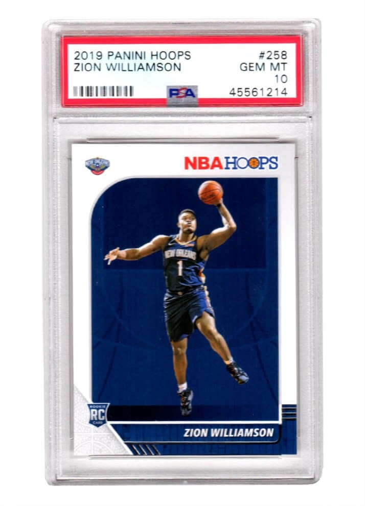 Zion Williamson 2019 Panini Hoops #258 RC PSA 10 Gem Mint Basketball Card: Zion Williamson 2019 Panini Hoops #258 RC PSA 10 Gem Mint Basketball Card This item features a Zion Williamson rookie card from the 2019 Panini Hoops set, graded Gem Mint 10 by Professional Sports Aut