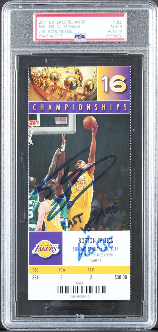 PSA Slabbed 2011 Lakers Celtics Ticket Signed by Shaquille O'Neal Last Game Vs Kobe: PSA Slabbed 2011 Lakers Celtics Ticket Signed by Shaquille O'Neal Last Game Vs Kobe This is an original January 30, 2011 Celtics vs. Lakers ticket stub personally signed by Shaquille O'Neal of the Los