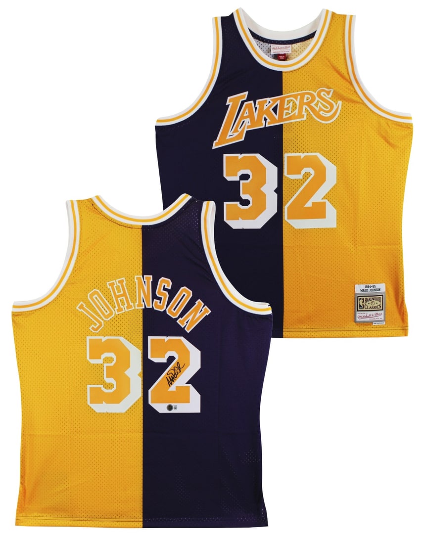 Magic Johnson autographed Lakers throwback swingman jersey BAS: Magic Johnson autographed Lakers throwback swingman jersey BAS This Los Angeles Lakers Mitchell & Ness 1984-85 Hardwood Classics Swingman jersey features a distinctive purple and yellow split design a