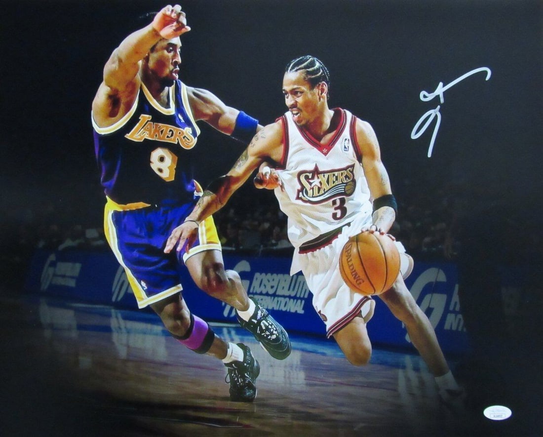 Allen Iverson Kobe Bryant Autographed 16x20 Photo JSA Authenticated 76ers: Allen Iverson Kobe Bryant Autographed 16x20 Photo JSA Authenticated 76ers This stunning 16x20 photo features Allen Iverson alongside Kobe Bryant, capturing a memorable moment in NBA history. Each auto