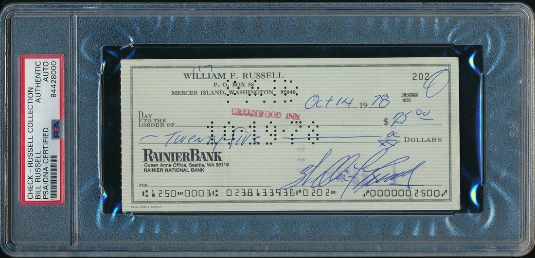 Bill Russell Boston Celtics Signed 1978 Bank Check PSA/DNA: Bill Russell Boston Celtics Signed 1978 Bank Check PSA/DNA This is a Bill Russell Hall of Fame autographed 1978 bank check from the Boston Celtics, authenticated by PSA/DNA. A remarkable collectible f
