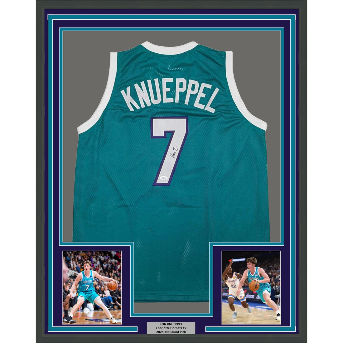 Kon Knueppel signed Charlotte Hornets teal jersey framed JSA COA 35x39: Kon Knueppel signed Charlotte Hornets teal jersey framed JSA COA 35x39 This framed Charlotte Hornets teal jersey is autographed by Kon Knueppel and authenticated by James Spence Authentication (JSA). 