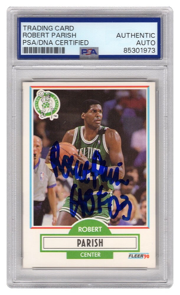 Robert Parish Signed Celtics 1990-91 Fleer Card HOF 03 PSA Authenticated: Robert Parish Signed Celtics 1990-91 Fleer Card HOF 03 PSA Authenticated This is a Robert Parish signed Boston Celtics 1990-91 Fleer basketball trading card #13, featuring the inscription 'HOF 03'. Th