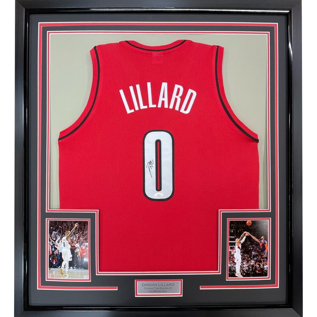 Damian Lillard framed Portland Trail Blazers jersey JSA COA 33x42: Damian Lillard framed Portland Trail Blazers jersey JSA COA 33x42 This framed Damian Lillard Portland Trail Blazers red jersey features an authentic signature and comes with a James Spence Authenticat