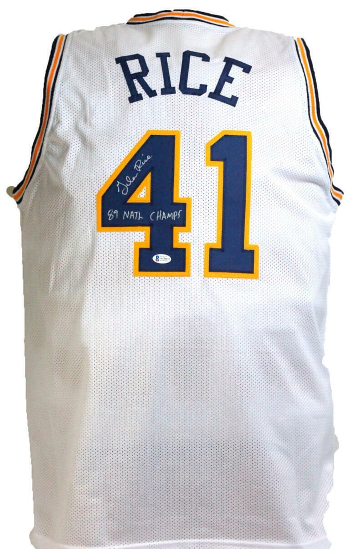 Beckett authenticated Glen Rice signed Michigan Wolverines white jersey with inscription: Beckett authenticated Glen Rice signed Michigan Wolverines white jersey with inscription This is a white Michigan Wolverines jersey autographed by Glen Rice, featuring an inscription. The autograph ha