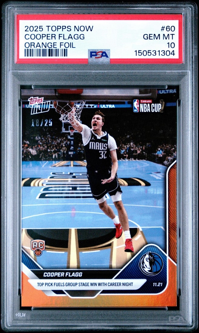 PSA 10 2025 Orange Foil Topps Now Cooper Flagg Rookie Card #60 Serial /25: PSA 10 2025 Orange Foil Topps Now Cooper Flagg Rookie Card #60 Serial /25 This is a 2025 Topps Now Cooper Flagg #60 Orange Foil /25 Rookie RC card, professionally graded by PSA with a Gem Mint 10 rati