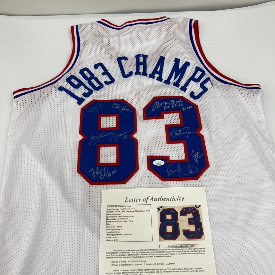 1982-83 Philadelphia 76ers Signed Jersey with 8 Signatures JSA COA: 1982-83 Philadelphia 76ers Signed Jersey with 8 Signatures JSA COA Celebrate the legacy of the 1982-83 Philadelphia 76ers with this authentic NBA Champions Team Signed Jersey. This remarkable jersey f