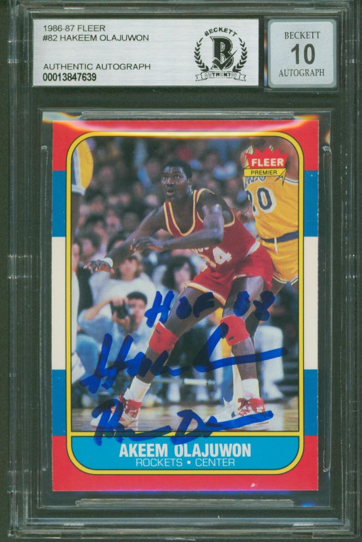 Hakeem Olajuwon Signed 1986 Fleer Rookie Card With Two Inscriptions Beckett Slab (1 of 2)