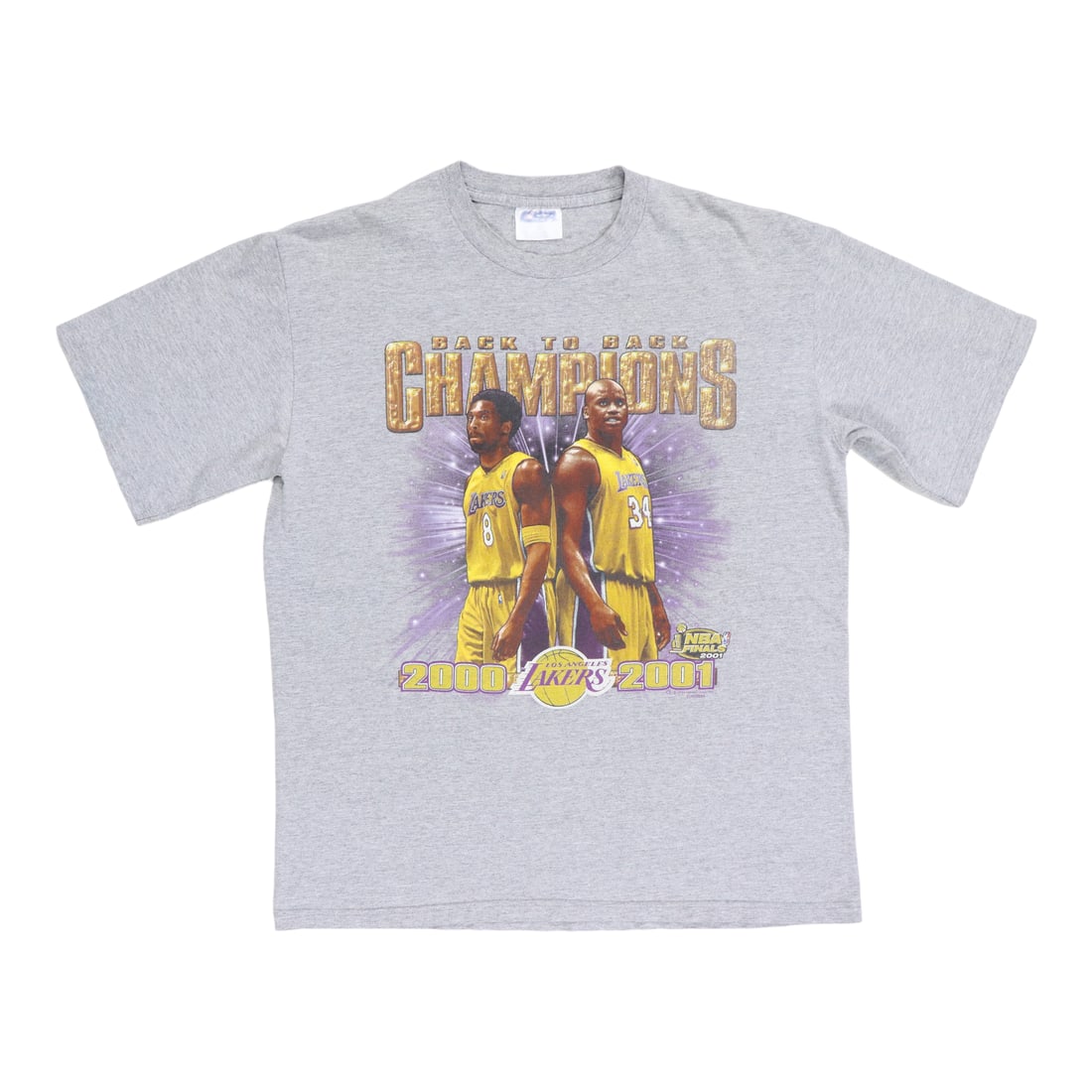 Vintage 2001 Lakers NBA Champions Gray Cotton T-Shirt Large: Vintage 2001 Lakers NBA Champions Gray Cotton T-Shirt Large This is an original vintage 2001 Los Angeles Lakers Back to Back Champions shirt. It is not a modern reproduction and features no back graph