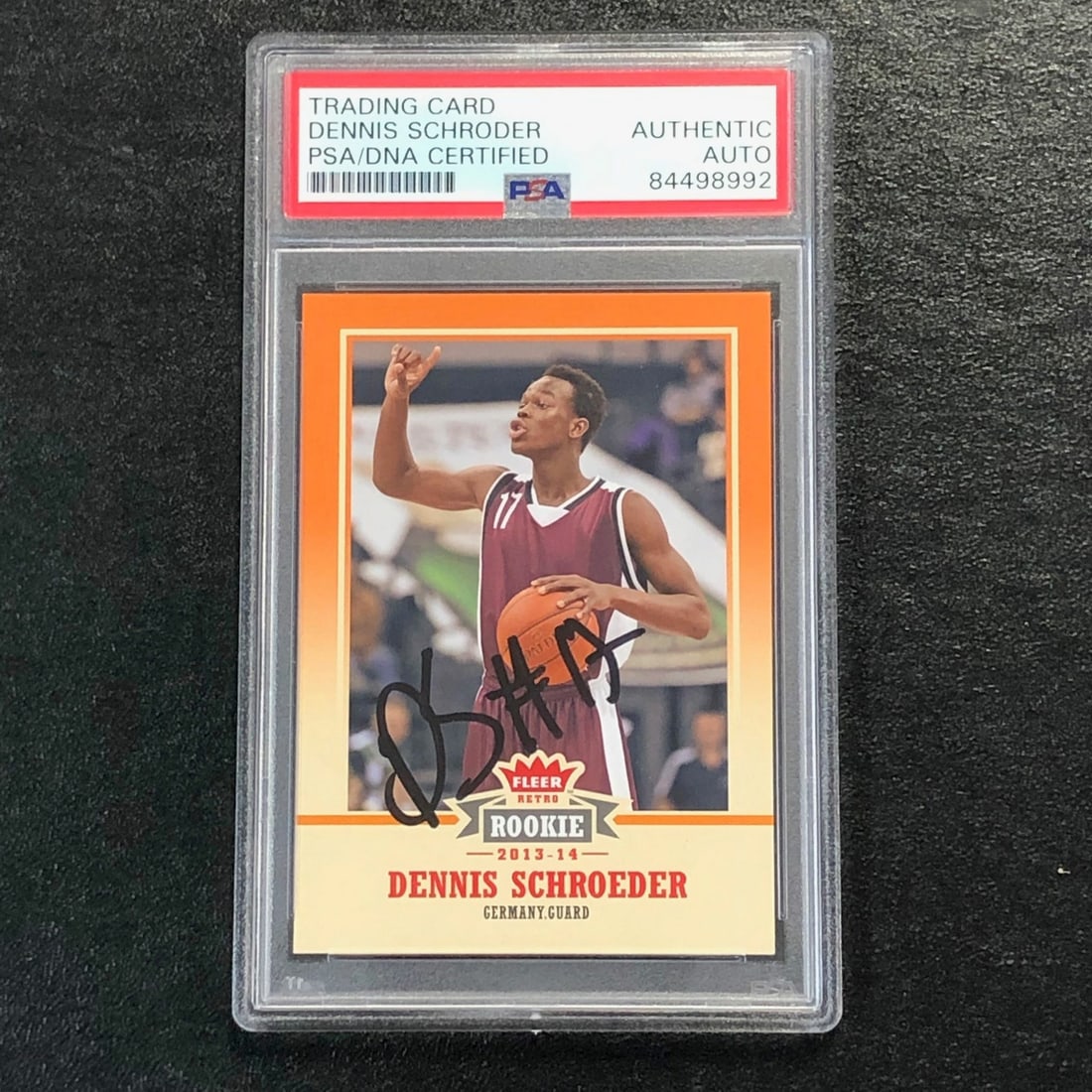 2013-14 FLEER RETRO Dennis Schroder Signed Rookie Card PSA/DNA Authenticated: 2013-14 FLEER RETRO Dennis Schroder Signed Rookie Card PSA/DNA Authenticated Up for auction is a 2013-14 FLEER RETRO #52 card featuring the signature of NBA player Dennis Schroder. This card has been 