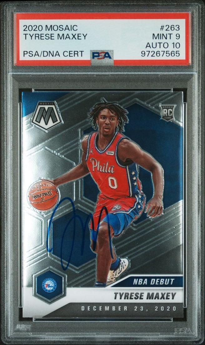 2020 Panini Mosaic Tyrese Maxey Signed Rookie Card PSA 9 AUTO 10 76ers: 2020 Panini Mosaic Tyrese Maxey Signed Rookie Card PSA 9 AUTO 10 76ers This is a 2020 Panini Mosaic #263 Tyrese Maxey signed sports trading card, featuring the talented player from the Philadelphia 76