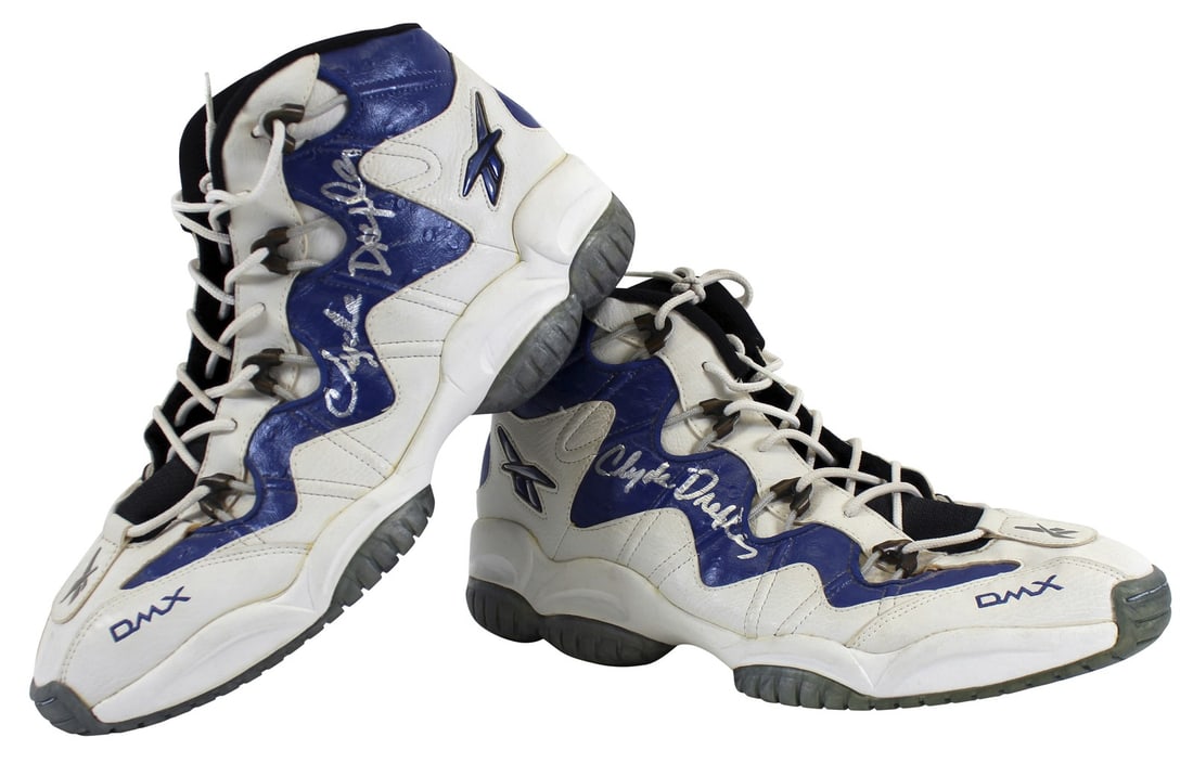 Clyde Drexler Autographed 1997-98 Game Worn Reebok DMX Size 15 Shoes JSA COA: Clyde Drexler Autographed 1997-98 Game Worn Reebok DMX Size 15 Shoes JSA COA These Reebok DMX Size 15 shoes were game-used during Clyde Drexler's final 1997-98 NBA season with the Houston Rockets. Eac