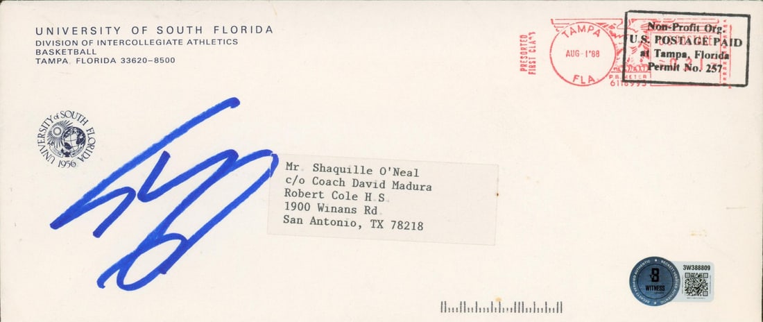Shaquille O'Neal Signed 1988 USF Recruitment Envelope BAS Authenticated: Shaquille O'Neal Signed 1988 USF Recruitment Envelope BAS Authenticated This unique item is a signed 4x9.5 1988 University of South Florida recruitment envelope, personally autographed by basketball l