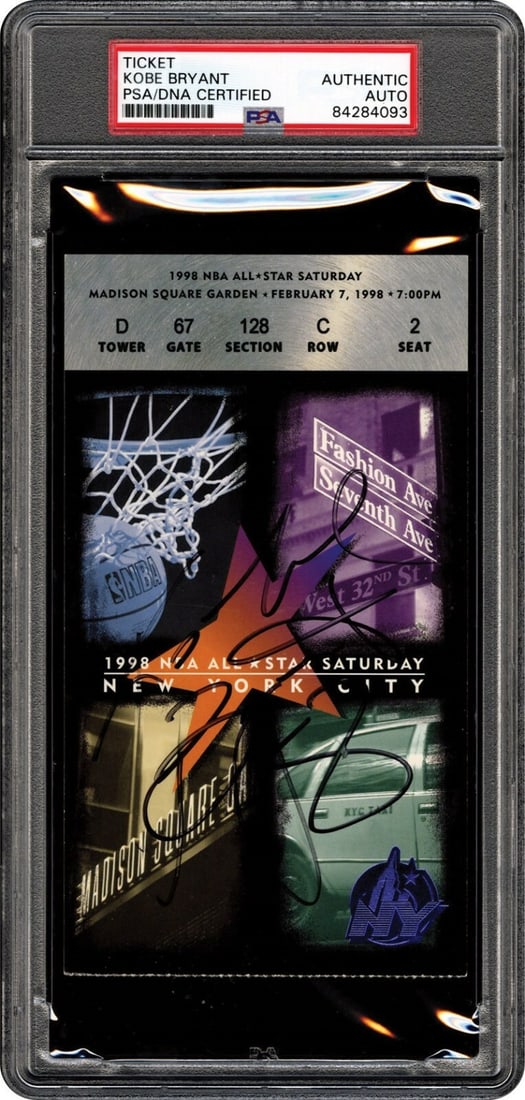 Kobe Bryant Signed 1998 All-Star Game Ticket PSA/DNA Authentic: Kobe Bryant Signed 1998 All-Star Game Ticket PSA/DNA Authentic This is a historic 1998 NBA All-Star Game ticket, boldly signed by the legendary Kobe Bryant with the inscription "8". Authenticated by P