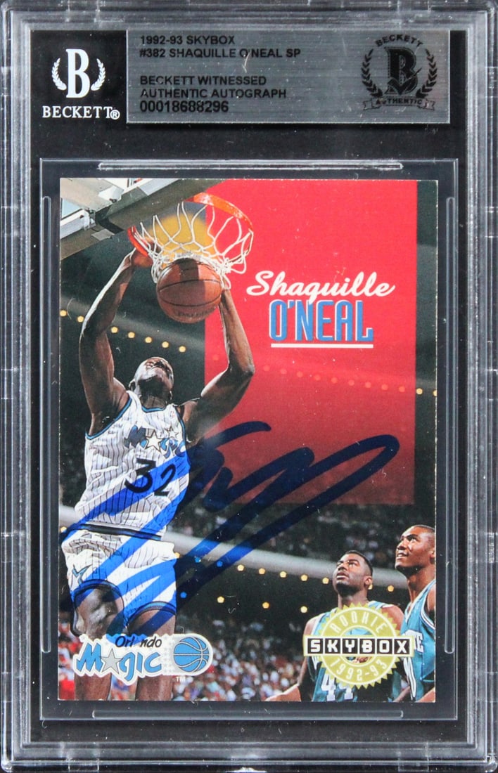 Shaquille O'Neal Signed 1992 Skybox Rookie Card Beckett Authenticated: Shaquille O'Neal Signed 1992 Skybox Rookie Card Beckett Authenticated Own a piece of basketball history with this authentic signed 1992 Skybox #382 rookie card featuring Shaquille O'Neal of the Orland