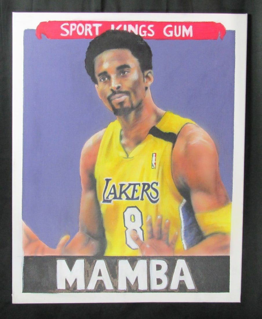 Kobe Bryant 24x30 Hand Painted Acrylic Canvas Lakers Art: Kobe Bryant 24x30 Hand Painted Acrylic Canvas Lakers Art This striking original acrylic hand-painted canvas features the legendary Kobe Bryant, measuring 24" x 30". The artwork is stretched on board a