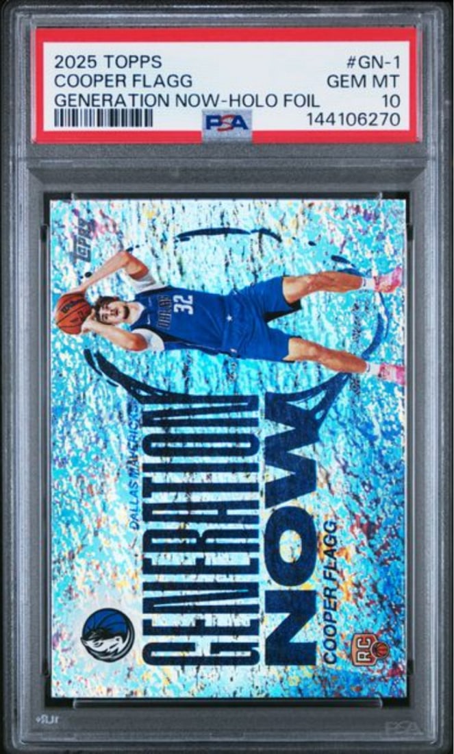 PSA 10 Cooper Flagg Generation Now Rookie Holo Foil 2025 Basketball Card: PSA 10 Cooper Flagg Generation Now Rookie Holo Foil 2025 Basketball Card This is an original 2025 Topps Cooper Flagg #GN1 Generation Now Holo Foil rookie card, professionally graded and encapsulated b