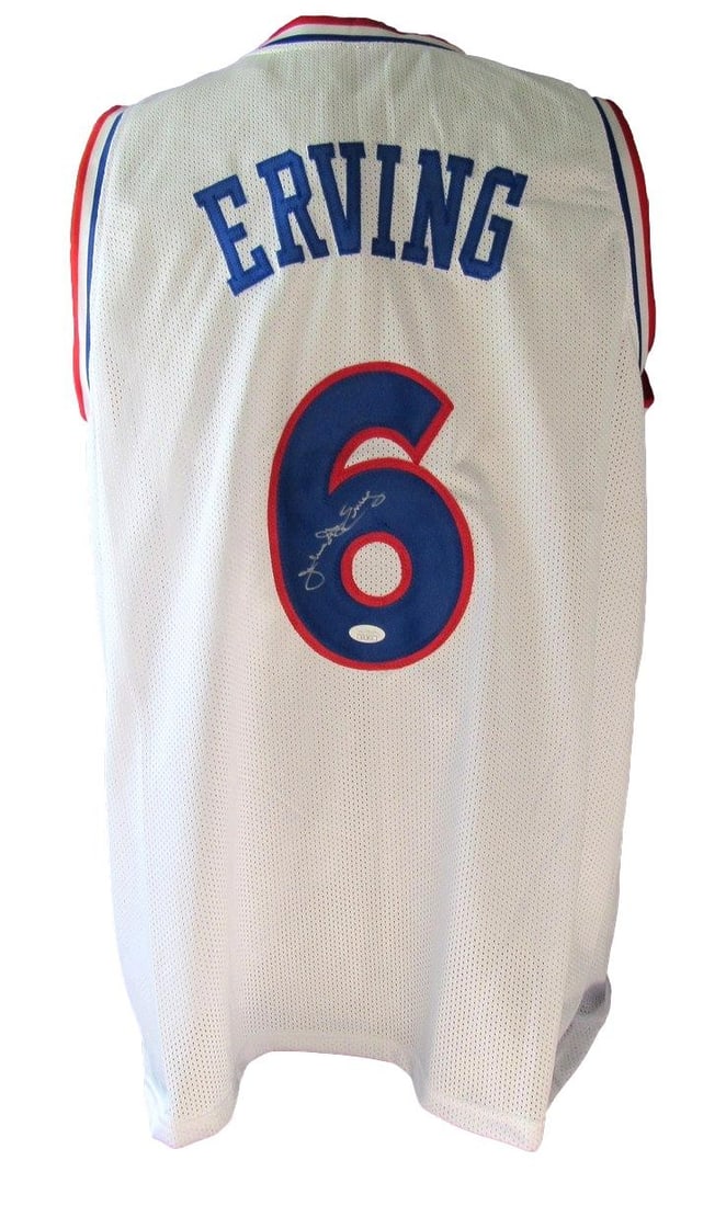 Julius Erving autographed 76ers white custom jersey JSA: Julius Erving autographed 76ers white custom jersey JSA This is a pre-owned, white custom basketball jersey for the Philadelphia 76ers, signed by Hall of Famer Julius Erving. The jersey is size XL and