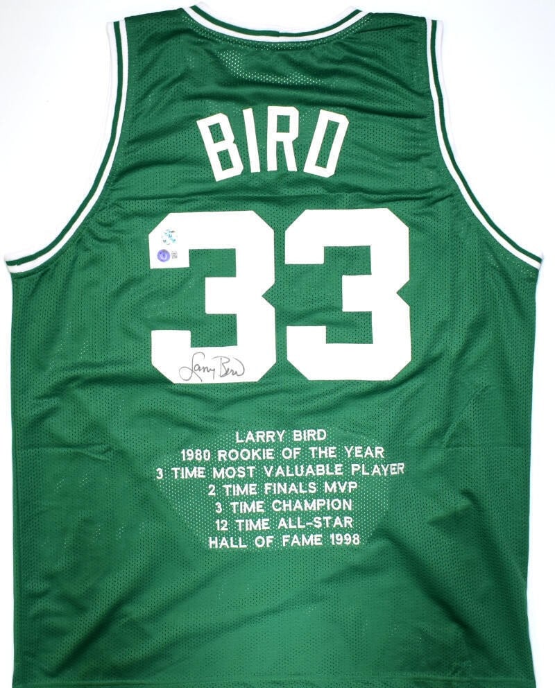 Larry Bird Signed Boston Celtics Green Jersey Beckett Authenticated With Stats: Larry Bird Signed Boston Celtics Green Jersey Beckett Authenticated With Stats This pre-owned green pro style jersey features an authentic autograph by Larry Bird. The jersey is associated with the Bo