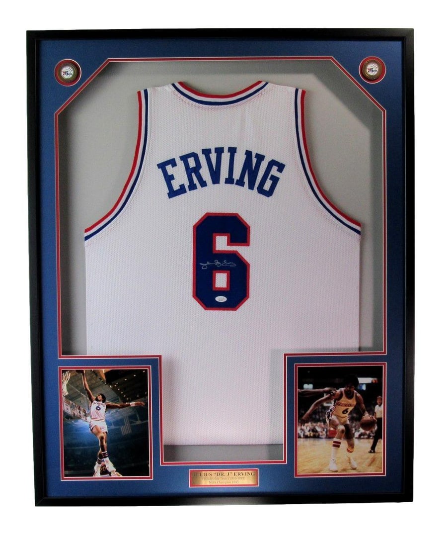 Framed Julius Erving signed 76ers white basketball jersey JSA 33 x 42 (1 of 3)