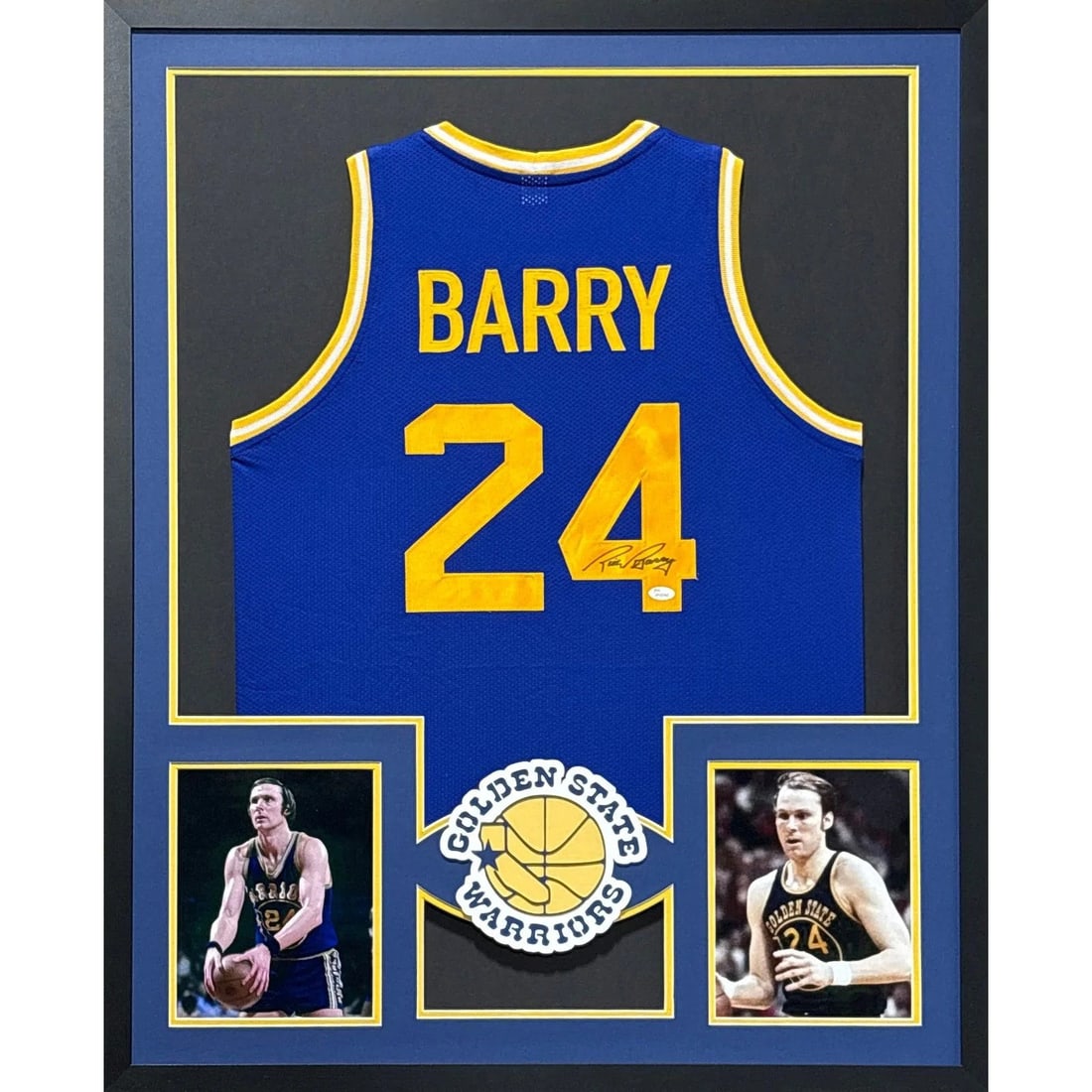 Framed Golden State Warriors Rick Barry Autographed Jersey With JSA Authentication: Framed Golden State Warriors Rick Barry Autographed Jersey With JSA Authentication This framed Golden State Warriors jersey is autographed by Rick Barry and authenticated by JSA. The jersey is profess