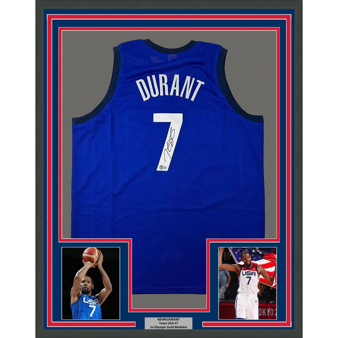 Framed Kevin Durant Autographed USA Olympics Jersey BAS COA 33x42: Framed Kevin Durant Autographed USA Olympics Jersey BAS COA 33x42 Celebrate the legacy of Kevin Durant with this professionally framed and matted autographed USA Olympics jersey. This stunning blue je