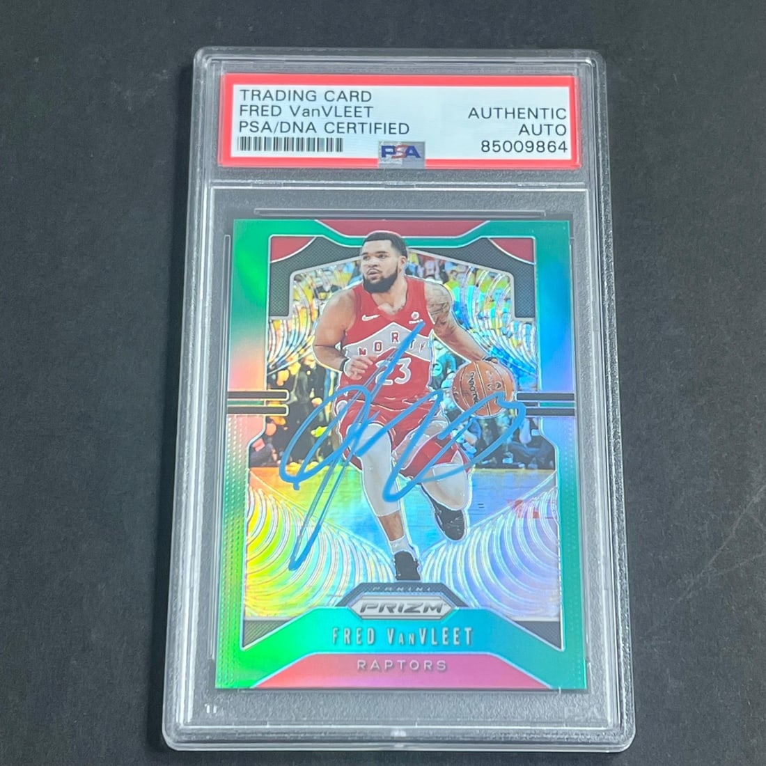 2019-20 Panini Prizm Fred VanVleet Signed Card PSA Authenticated: 2019-20 Panini Prizm Fred VanVleet Signed Card PSA Authenticated This is a 2019-20 Panini Prizm Iced Green #157 trading card featuring Fred VanVleet, a prominent player known for his time with the Tor