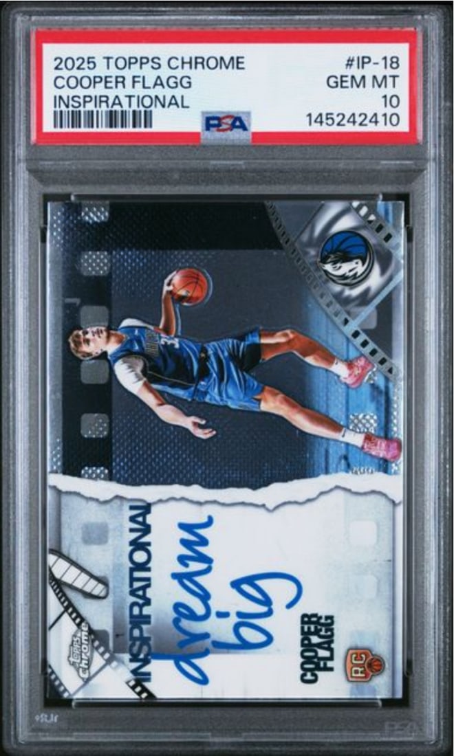PSA 10 Cooper Flagg 2025 Topps Chrome Inspirational #IP18 Basketball Card: PSA 10 Cooper Flagg 2025 Topps Chrome Inspirational #IP18 Basketball Card This is an original 2025 Topps Chrome Inspirational basketball card featuring Cooper Flagg of the Dallas Mavericks. The card i
