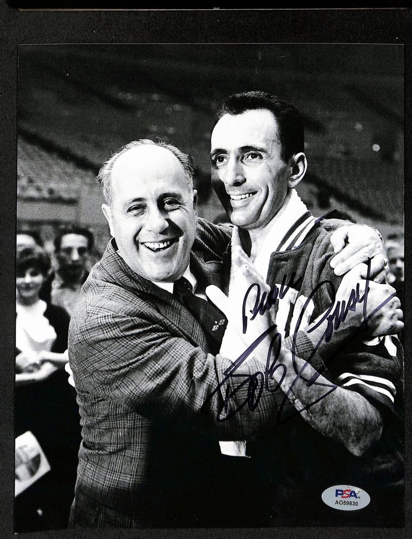 Bob Cousy Signed Inscribed 8x10 B/W Photo Boston Celtics PSA Authenticated: Bob Cousy Signed Inscribed 8x10 B/W Photo Boston Celtics PSA Authenticated This original 8x10 black and white photo features Bob Cousy, the legendary Hall of Famer from the Boston Celtics. It is signe