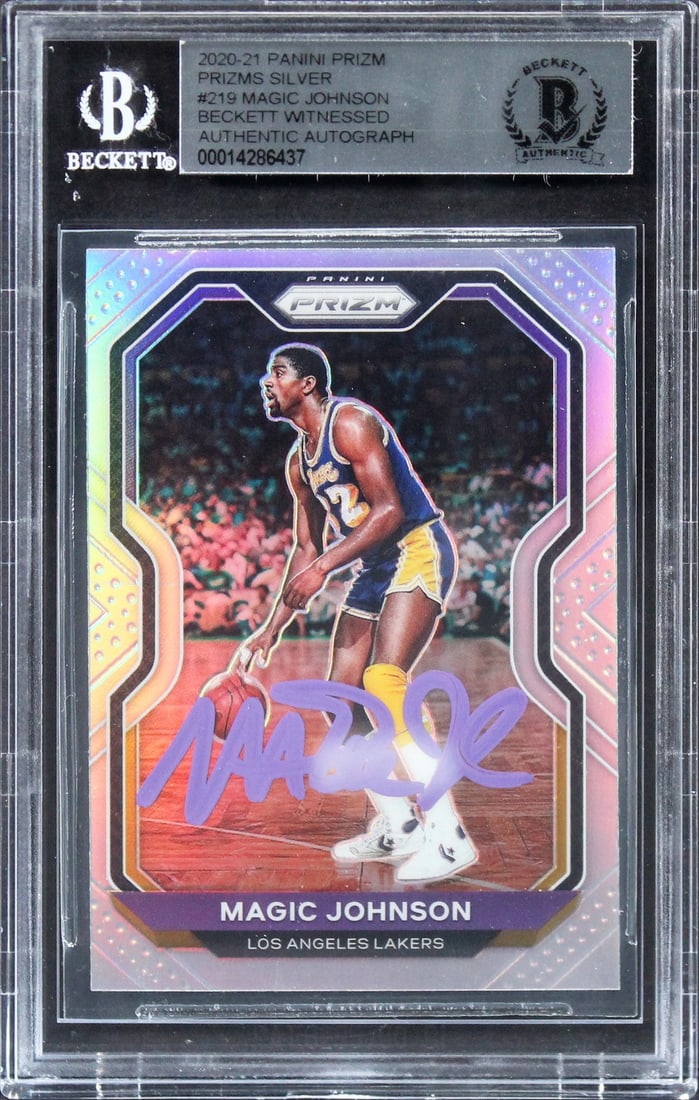 Beckett Slabbed Magic Johnson 2020 Panini Prizm Silver #219 Autograph: Beckett Slabbed Magic Johnson 2020 Panini Prizm Silver #219 Autograph This 2020 Panini Prizms Silver #219 trading card features Magic Johnson of the Los Angeles Lakers. The card has been personally si