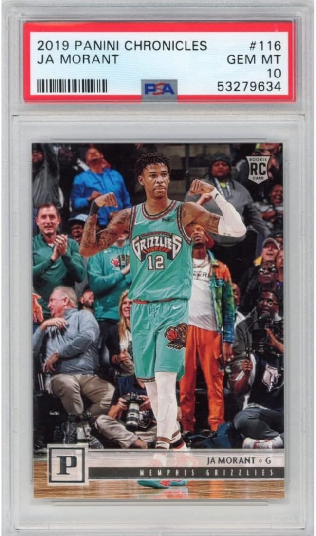 PSA 10 Ja Morant 2019 Panini Chronicles Rookie Card #116: PSA 10 Ja Morant 2019 Panini Chronicles Rookie Card #116 This is a graded 2019-20 Panini Chronicles Ja Morant #116 Young Dolph rookie card, professionally graded PSA 10 by Professional Sports Authenti