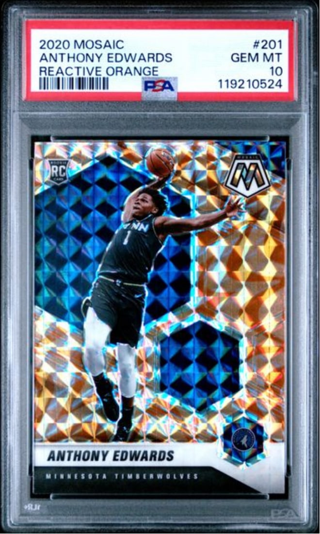 PSA 10 Anthony Edwards Rookie Mosaic Reactive Orange Card #201: PSA 10 Anthony Edwards Rookie Mosaic Reactive Orange Card #201 This 2020-21 Panini Mosaic Anthony Edwards #201 Reactive Orange Rookie Card has been professionally graded PSA 10 by Professional Sports 