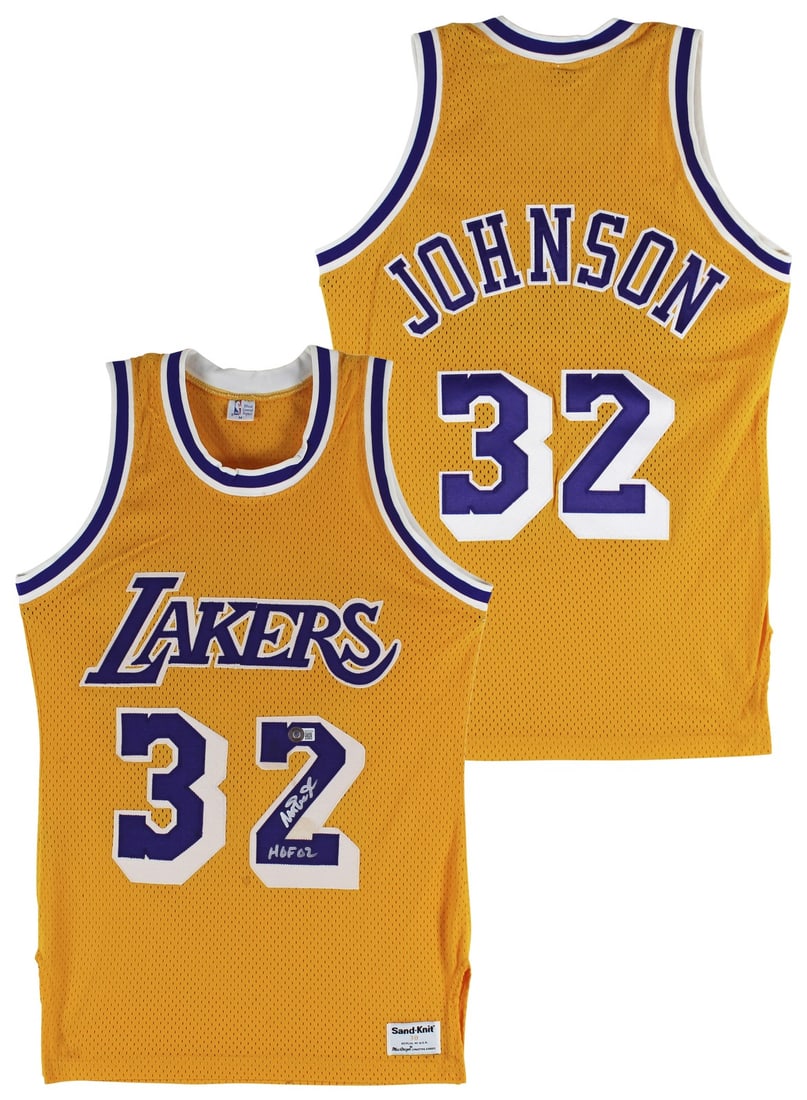 Magic Johnson Signed Lakers Jersey HOF 02 MacGregor BAS Authenticated: Magic Johnson Signed Lakers Jersey HOF 02 MacGregor BAS Authenticated This autographed yellow vintage MacGregor Sand-Knit jersey features the iconic inscription "HOF 02" and has been personally signed