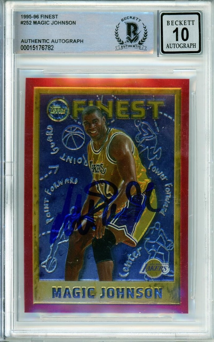 Magic Johnson 1995 Topps Finest Lakers BAS Hand Signed Card #252 Autograph Grade 10: Magic Johnson 1995 Topps Finest Lakers BAS Hand Signed Card #252 Autograph Grade 10 This is an original 1995-96 Topps Finest #252 basketball trading card featuring Magic Johnson of the Los Angeles Lak