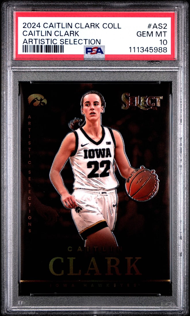 2024 Panini Caitlin Clark Artistic Selection Card PSA 10 Iowa Hawkeyes: 2024 Panini Caitlin Clark Artistic Selection Card PSA 10 Iowa Hawkeyes This is a graded 2024 Panini Caitlin Clark #AS2 Artistic Selection Basketball Card, featuring the talented athlete from the Iowa 