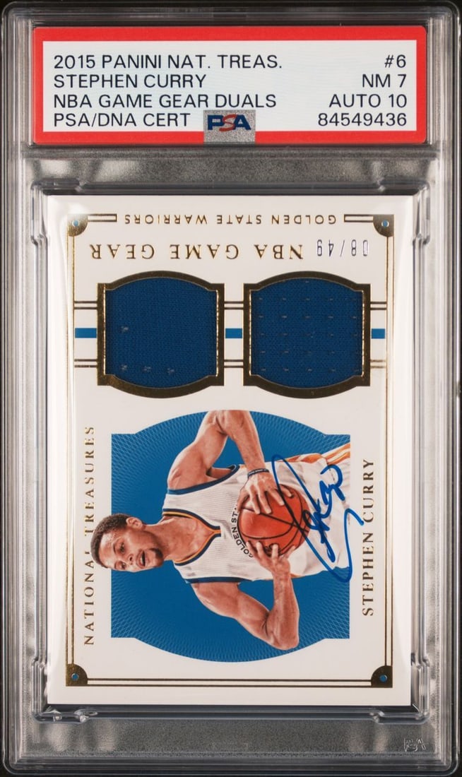 2015 Panini National Treasures Stephen Curry Duals Signed PSA 7: 2015 Panini National Treasures Stephen Curry Duals Signed PSA 7 This remarkable 2015 Panini National Treasures NBA Game Gear Duals #6 sports trading card features the autograph of basketball superstar