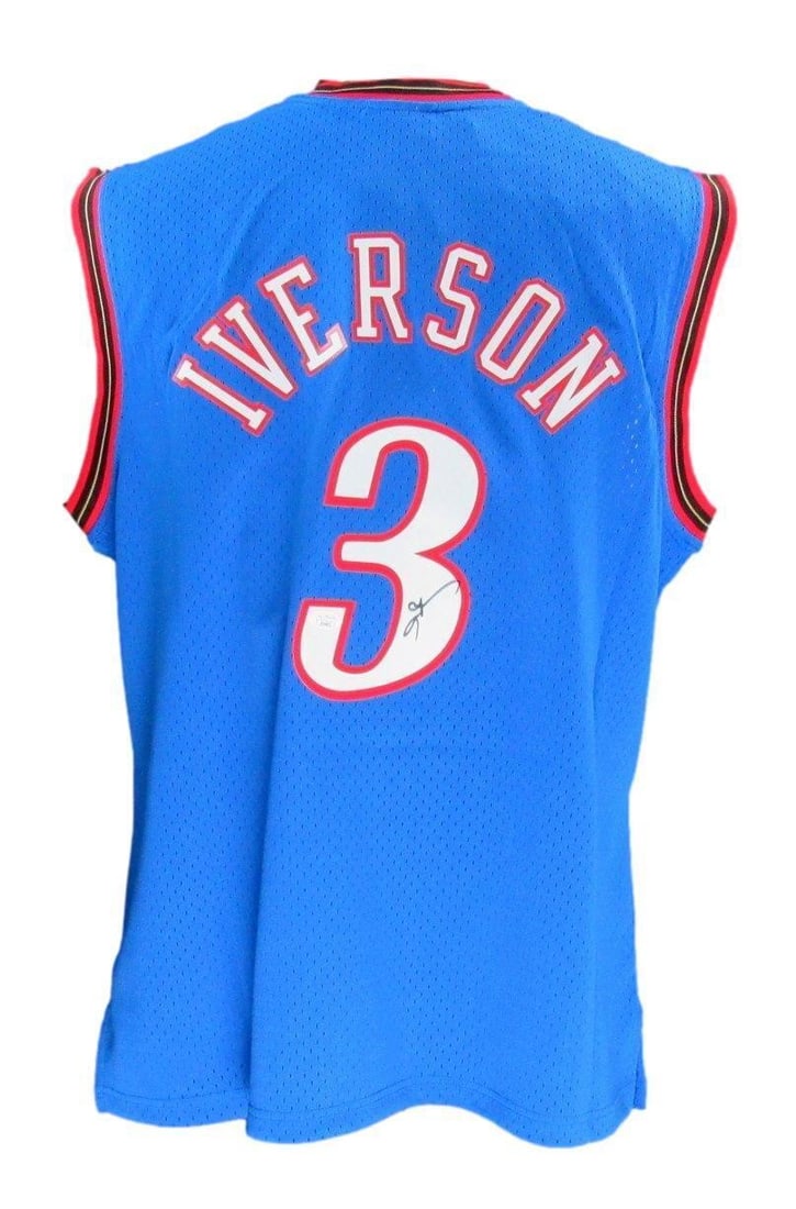 Allen Iverson HOF Autographed Royal Jersey Philadelphia 76ers JSA Certified: Allen Iverson HOF Autographed Royal Jersey Philadelphia 76ers JSA Certified Celebrate the legacy of Allen Iverson with this autographed Royal Blue Mitchell & Ness Hardwood Classics Swingman Jersey, co