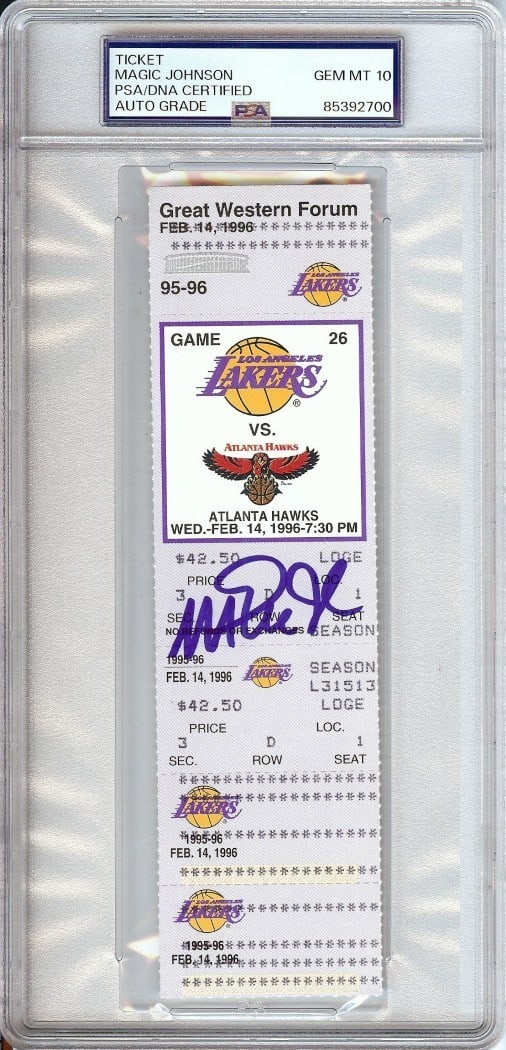 Magic Johnson Autographed Ticket 1996 Lakers vs Hawks PSA 10 Gem Mint: Magic Johnson Autographed Ticket 1996 Lakers vs Hawks PSA 10 Gem Mint This is a 1996 ticket stub from the game between the Los Angeles Lakers and the Atlanta Hawks, featuring the signature of NBA lege