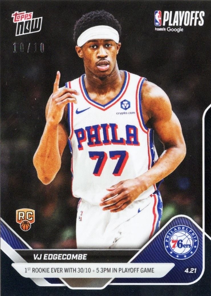 Black Foil VJ Edgecombe 2025 Topps Now Rookie Card 267 /10: Black Foil VJ Edgecombe 2025 Topps Now Rookie Card 267 /10 This is a 2025 Topps Now VJ Edgecombe #267 Black Foil Rookie basketball card. Featuring VJ Edgecombe of the Philadelphia 76ers, this limited 