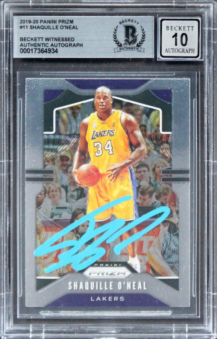 Shaquille O'Neal Signed 2019 Panini Prizm #11 Gem Mint 10 Beckett Authenticated: Shaquille O'Neal Signed 2019 Panini Prizm #11 Gem Mint 10 Beckett Authenticated This 2019 Panini Prizm #11 card features a stunning autograph by Shaquille O'Neal, a legendary player of the Los Angeles