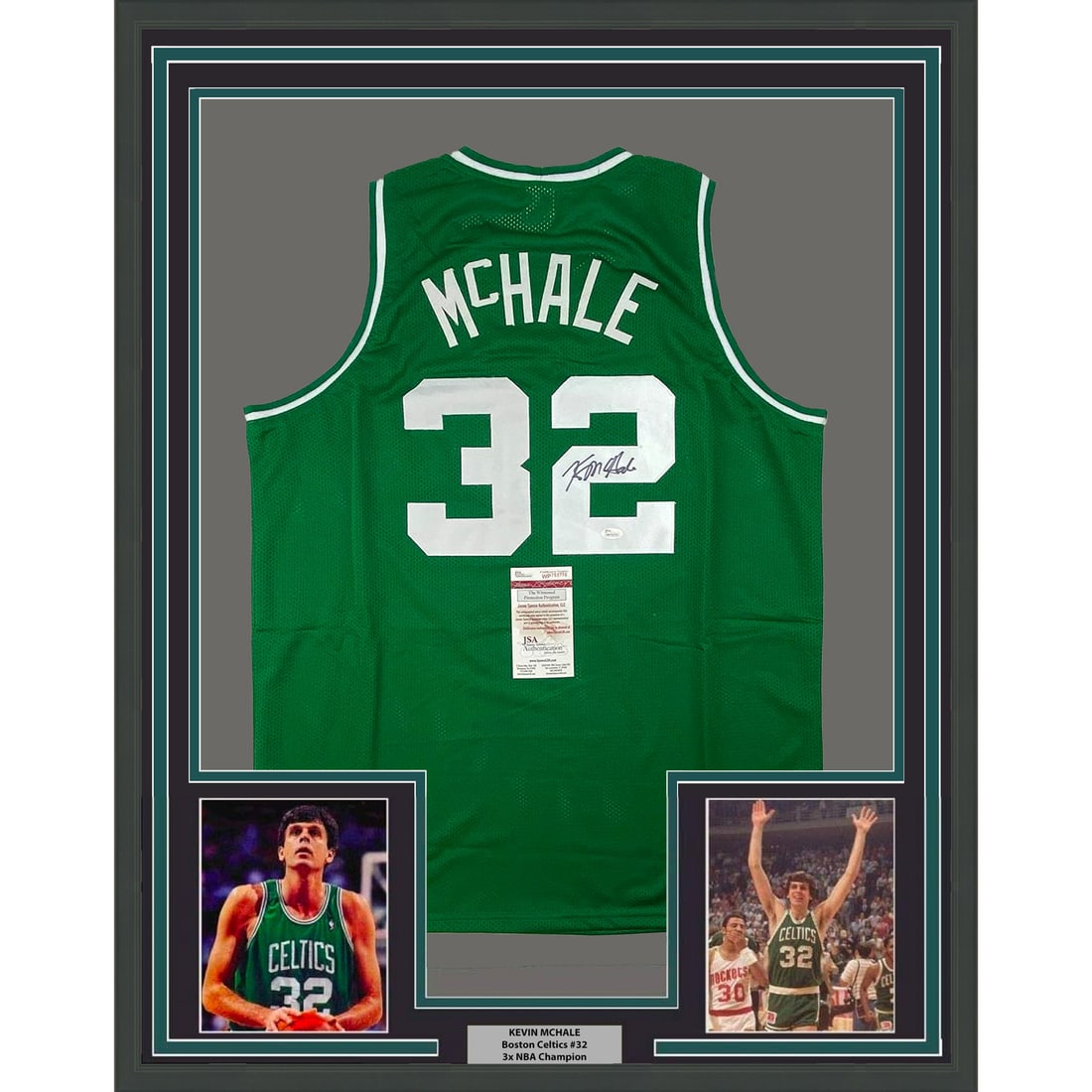 Framed Kevin McHale Autographed Boston Celtics Jersey JSA COA: Framed Kevin McHale Autographed Boston Celtics Jersey JSA COA Celebrate the legacy of Kevin McHale with this framed and autographed Boston Celtics jersey. This striking piece features two 8x10 photos 
