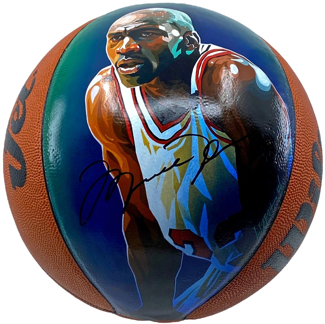 Michael Jordan autographed painted basketball Upper Deck JSA 9 MINT: Michael Jordan autographed painted basketball Upper Deck JSA 9 MINT This unique piece features a hand-painted basketball signed by basketball legend Michael Jordan. The artwork covers two panels of th
