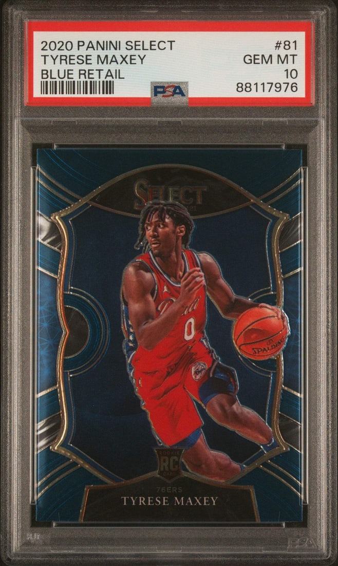 2020 Panini Select Tyrese Maxey #81 Blue RC PSA 10 Graded Card: 2020 Panini Select Tyrese Maxey #81 Blue RC PSA 10 Graded Card Introducing the Graded 2020 Panini Select Tyrese Maxey #81 Blue Retail RC Basketball Card, graded PSA 10. This high-quality card features
