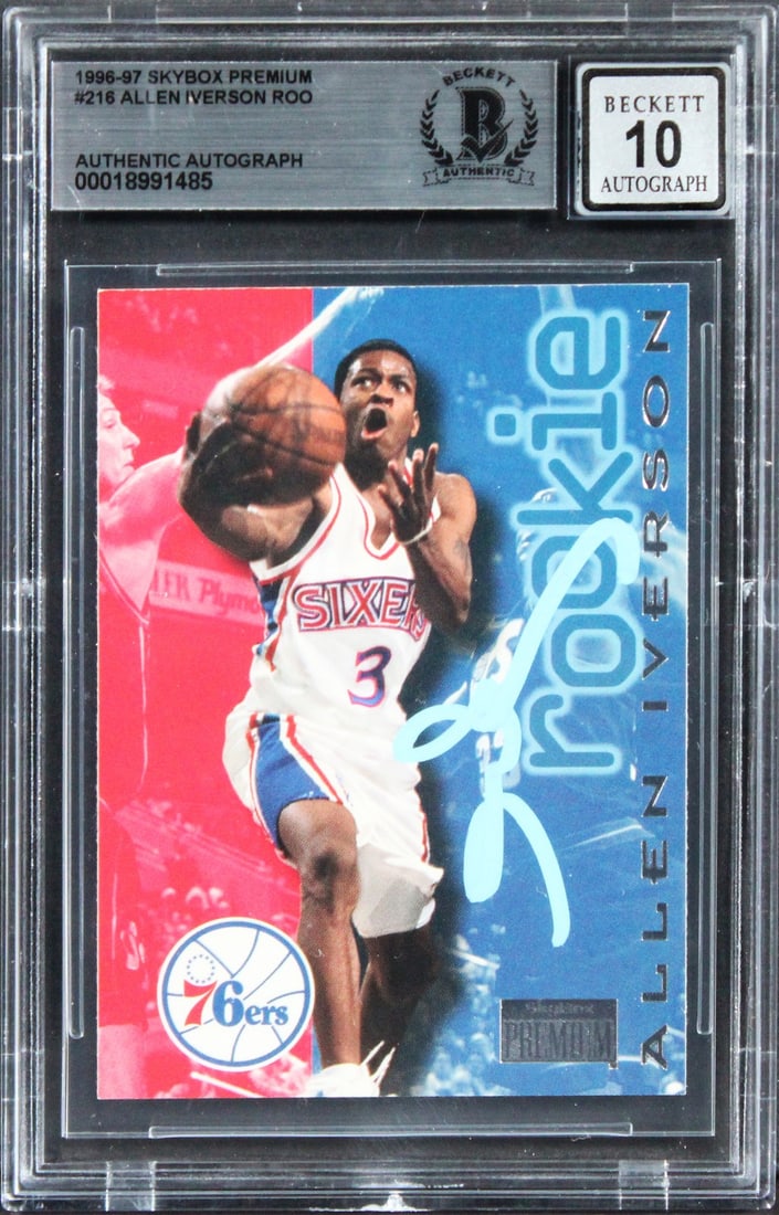 Allen Iverson Signed 1996 Skybox Premium RC Card Gem Mint 10 BAS: Allen Iverson Signed 1996 Skybox Premium RC Card Gem Mint 10 BAS This is a remarkable 1996 Skybox Premium #218 Rookie Card of Allen Iverson, personally signed by the basketball legend himself. Graded 