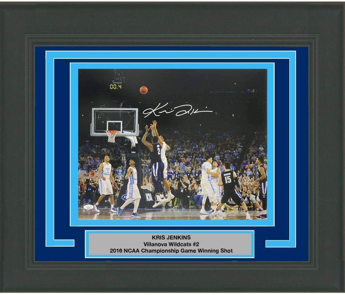 Framed Autographed Kris Jenkins Villanova 16x20 Photo JSA COA: Framed Autographed Kris Jenkins Villanova 16x20 Photo JSA COA Celebrate a memorable moment in college sports with this professionally framed and autographed 16x20 photo of Kris Jenkins, known for 'The