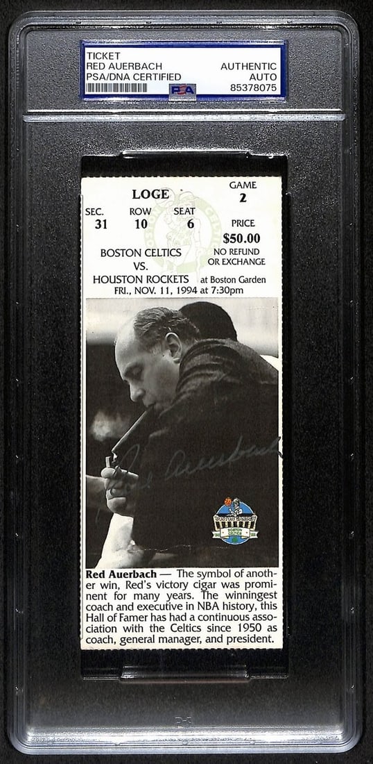 Red Auerbach Autographed 1994 Celtics vs Rockets Ticket PSA/DNA: Red Auerbach Autographed 1994 Celtics vs Rockets Ticket PSA/DNA Offered is an original, autographed full ticket from the historic basketball game between the Boston Celtics and the Houston Rockets on 