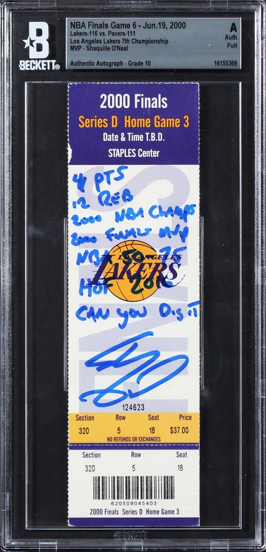Beckett Slabbed Shaquille O'Neal 2000 NBA Finals Game 6 Ticket Auto 10: Beckett Slabbed Shaquille O'Neal 2000 NBA Finals Game 6 Ticket Auto 10 This is an original full ticket stub from Game 6 of the 2000 NBA Finals, dated June 19, 2000, personally signed by Shaquille O'Ne