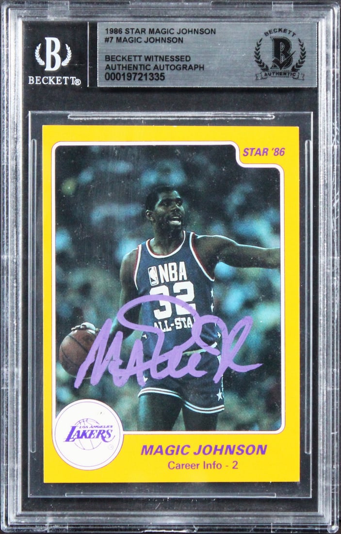 1986 Star #7 Magic Johnson Signed Basketball Card Beckett Authenticated Slab (1 of 2)