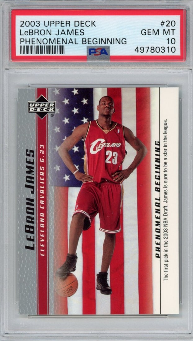 2003-04 UD LeBron James Rookie Card PSA 10 Mint Cleveland Cavaliers: 2003-04 UD LeBron James Rookie Card PSA 10 Mint Cleveland Cavaliers Celebrate the legacy of basketball superstar LeBron James with this graded 2003-04 UD LeBron James #20 Phenomenal Beginning Rookie C